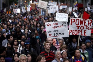 May Day protesters grow in ranks as the march nears downtown Seattle. Photo credit, Seattle Times.