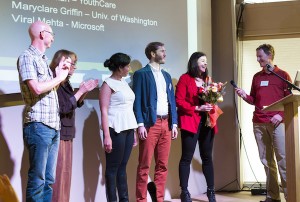 At the end of a great weekend, Hack to End Homelessness organizers recognized participants' efforts, as well as each other's contributions to the initiative. The team, from left to right, was Sol Villarreal, Catherine Hinrichsen, Aparna Rae, Ethan Phelps-Goodman, Candace Faber, and Peter Kittas. Photo credit: Michael B. Maine.