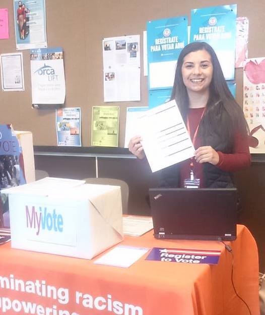 Stephanie Martinez helped people register to vote at YWCA's Greenbridge Learning Center. Photo courtesy Jackie Jasso-Martinez.